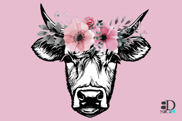 Aesthetic Cow with Floral Wreath