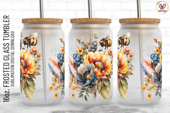 Bee Retro Floral 16 Oz Frosted Can Wrap