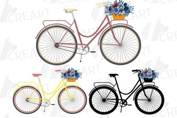 Navy Blue Blush Floral Bicycles Clip Art