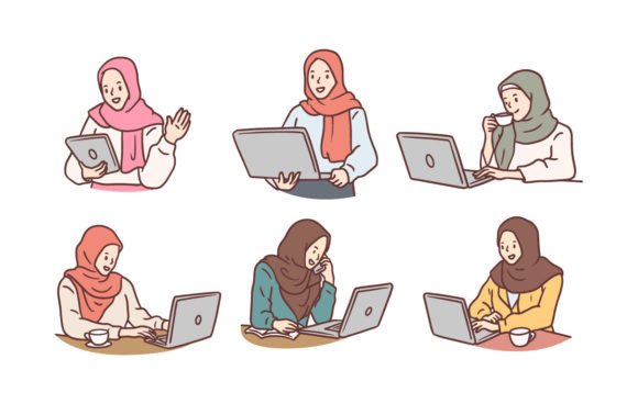 Set of Hand Drawn Hijab Business Girl