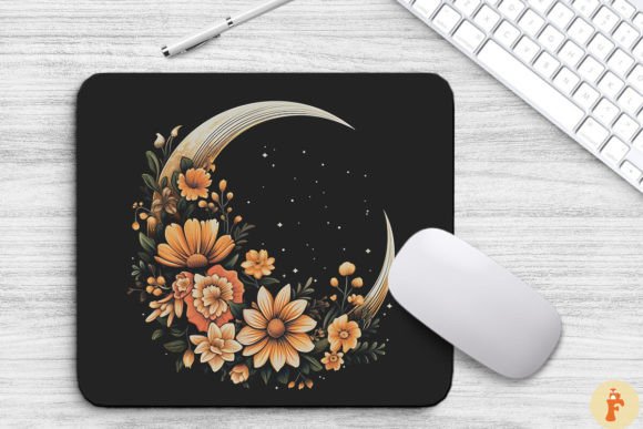 Vintage Crescent Moon and Flowers